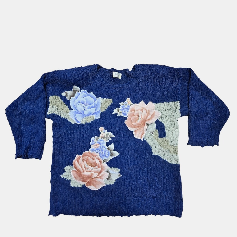 Vintage 80s 90s Beaded Floral Textured Knit Sweater L-XL Grandmacore Retro